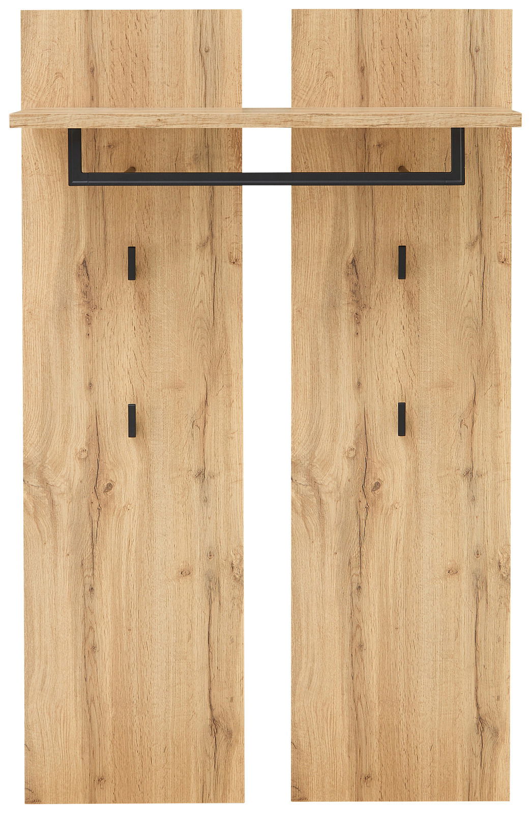 Frontale Ansicht eines Garderobenpaneels aus Holz mit schwarzer Kleiderstange und Ablage.
