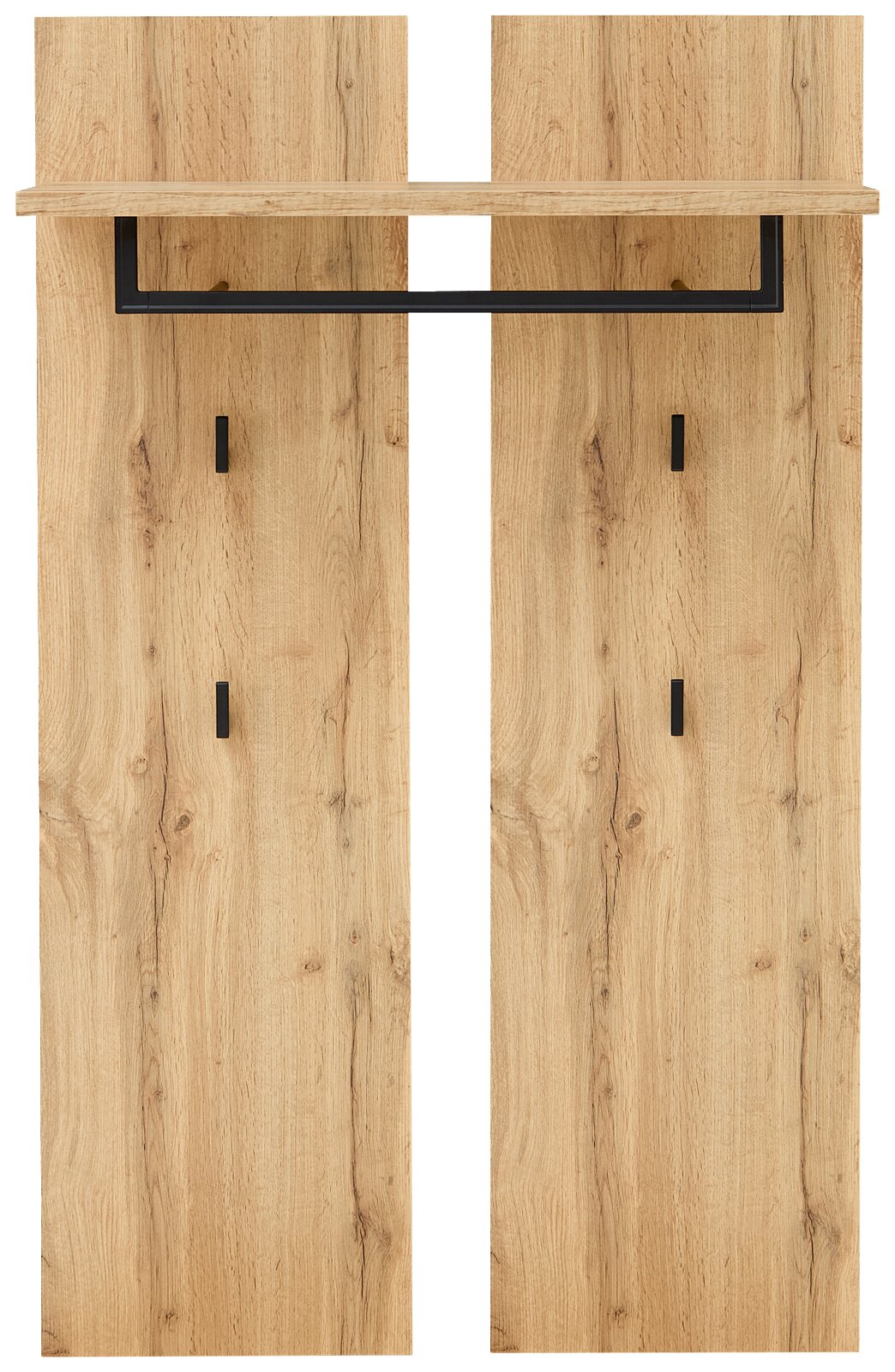 Frontale Ansicht eines Garderobenpaneels aus Holz mit schwarzer Kleiderstange und Ablage.