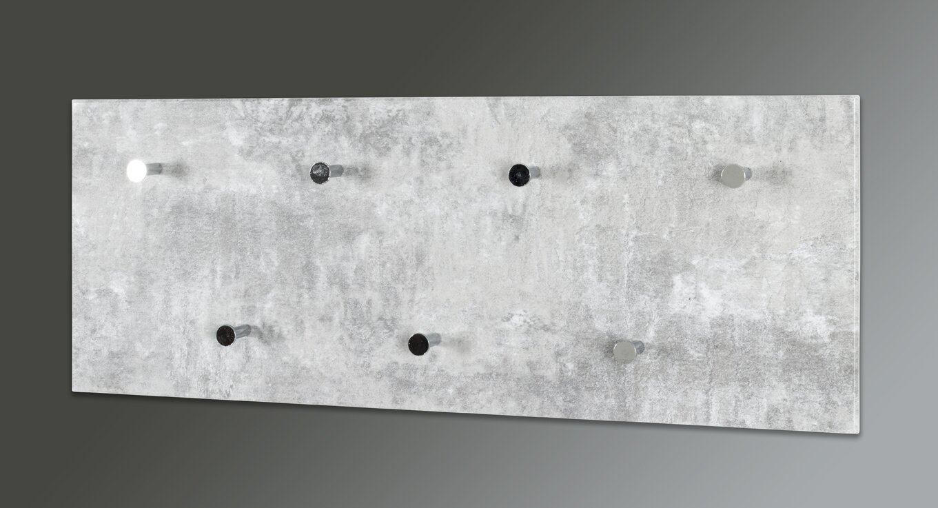 Rechteckige Wandgarderobe in Betonoptik mit sechs runden Haken in Schwarz und Silber, frontale Ansicht leicht schräg von links