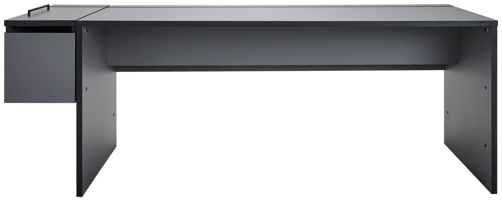 Moderner Gamingtisch in dunklem Design mit seitlichem Stauraum, Frontalansicht