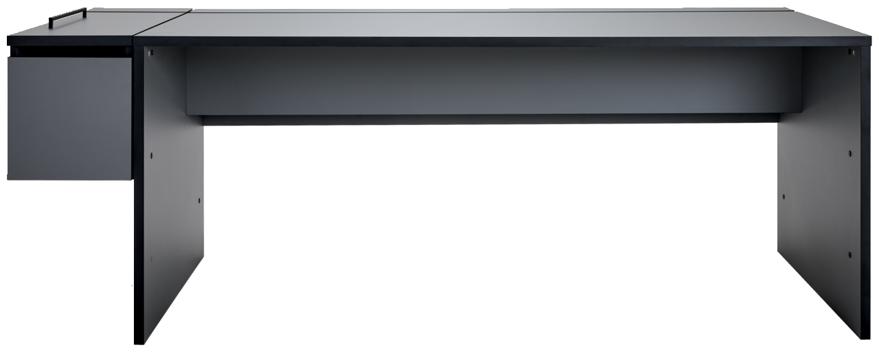 Moderner Gamingtisch in dunklem Design mit seitlichem Stauraum, Frontalansicht
