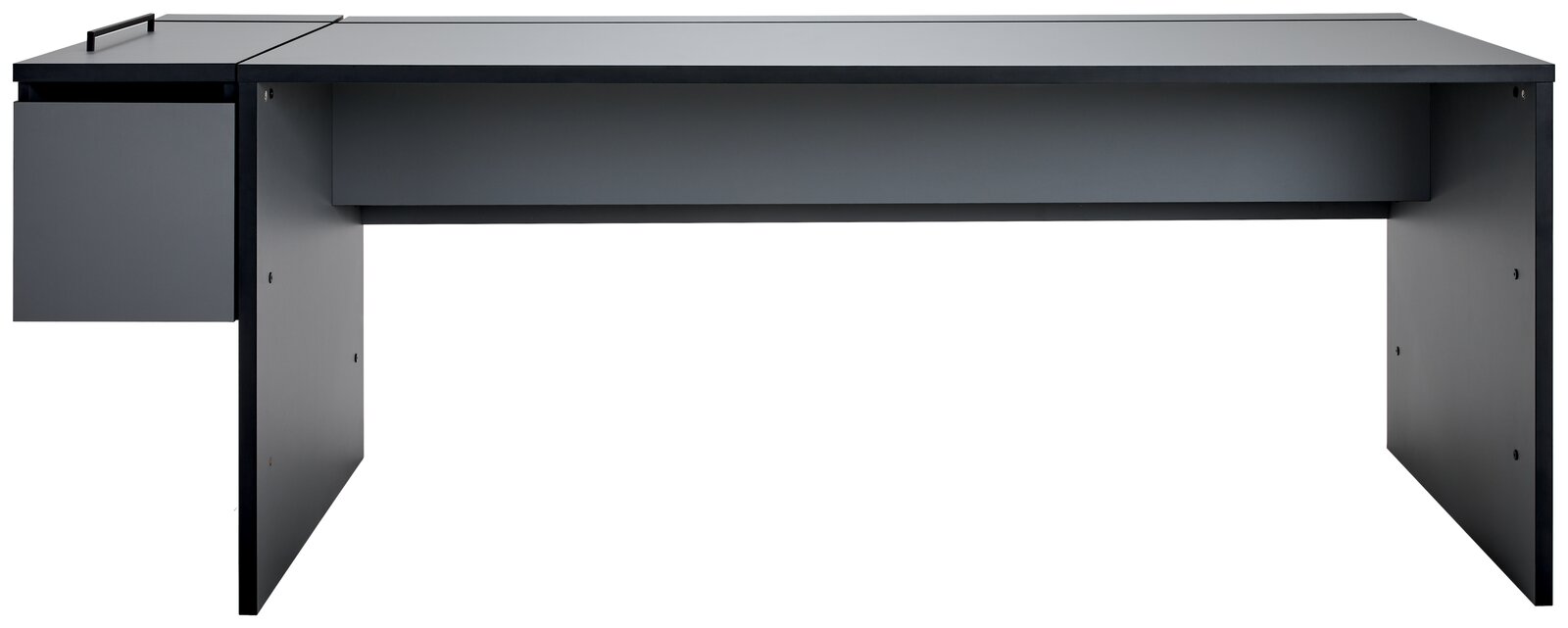 Moderner Gamingtisch in dunklem Design mit seitlichem Stauraum, Frontalansicht