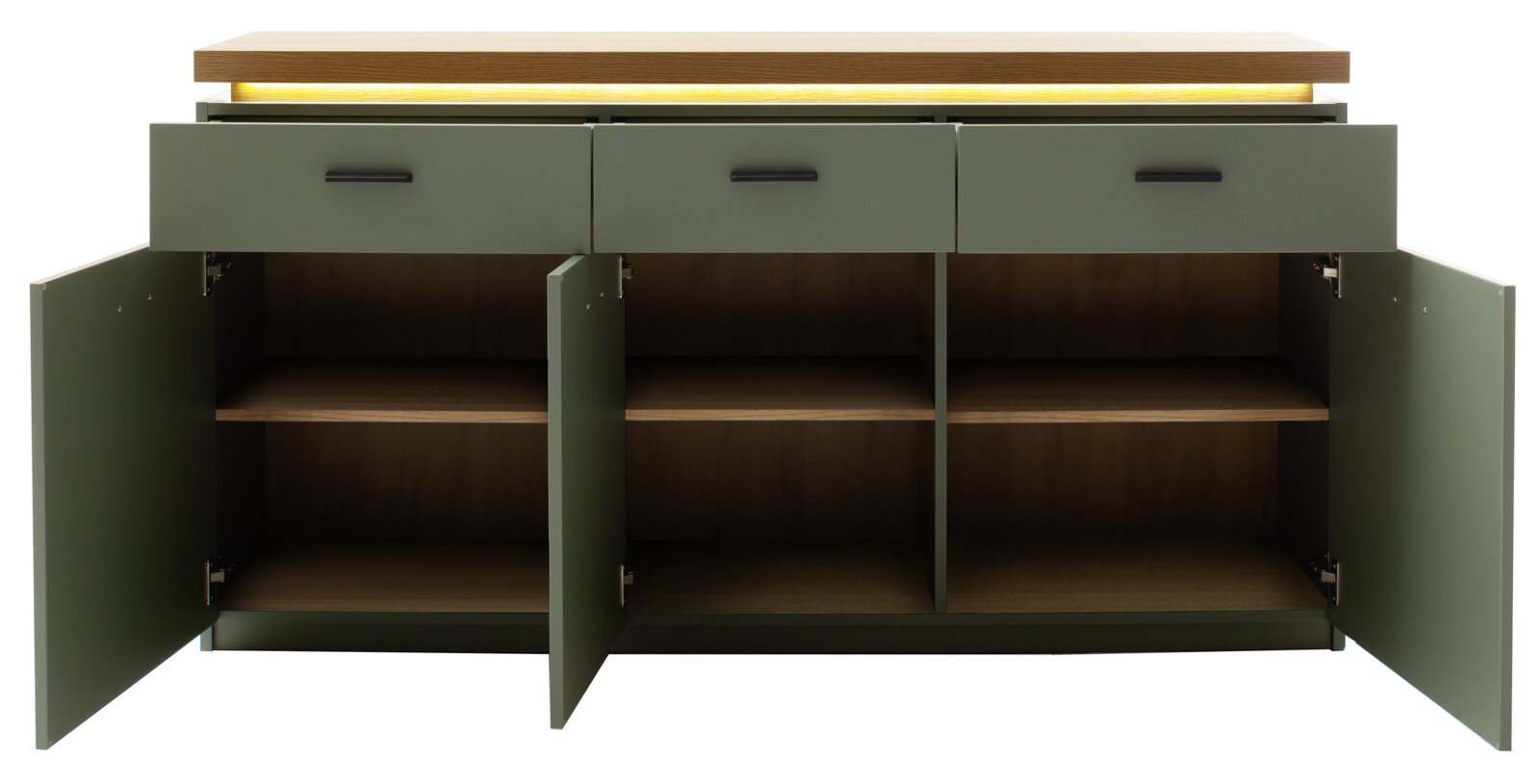 Frontansicht eines modernen Sideboards in mattem Olivgrün mit Holzplatte und integrierter LED-Lichtleiste; drei Schubladen oben und drei geöffnete Schranktüren mit Einlegeböden