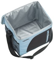 Geöffnete Thermos-Kühltasche in Hellblau und Schwarz mit silberner Isolierauskleidung, Schultergurt und seitlicher Netztasche, aus schräger Draufsicht