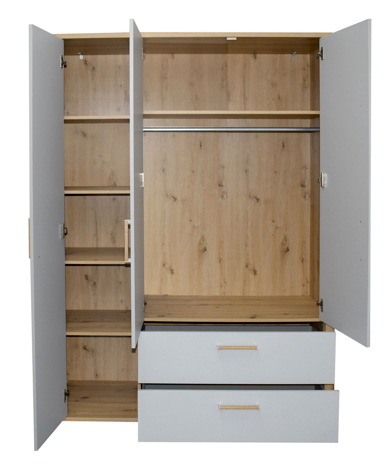 MyBaby Kleiderschrank LILLY Moderner Kleiderschrank mit offenen Türen, zeigt Innenfächer, Kleiderstange und Schubladen, Frontalansicht.