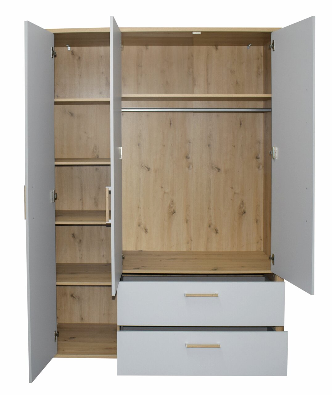 Moderner Kleiderschrank mit offenen Türen, zeigt Innenfächer, Kleiderstange und Schubladen, Frontalansicht.