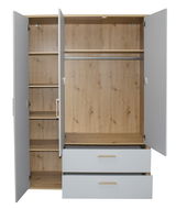 Moderner Kleiderschrank mit offenen Türen, zeigt Innenfächer, Kleiderstange und Schubladen, Frontalansicht.