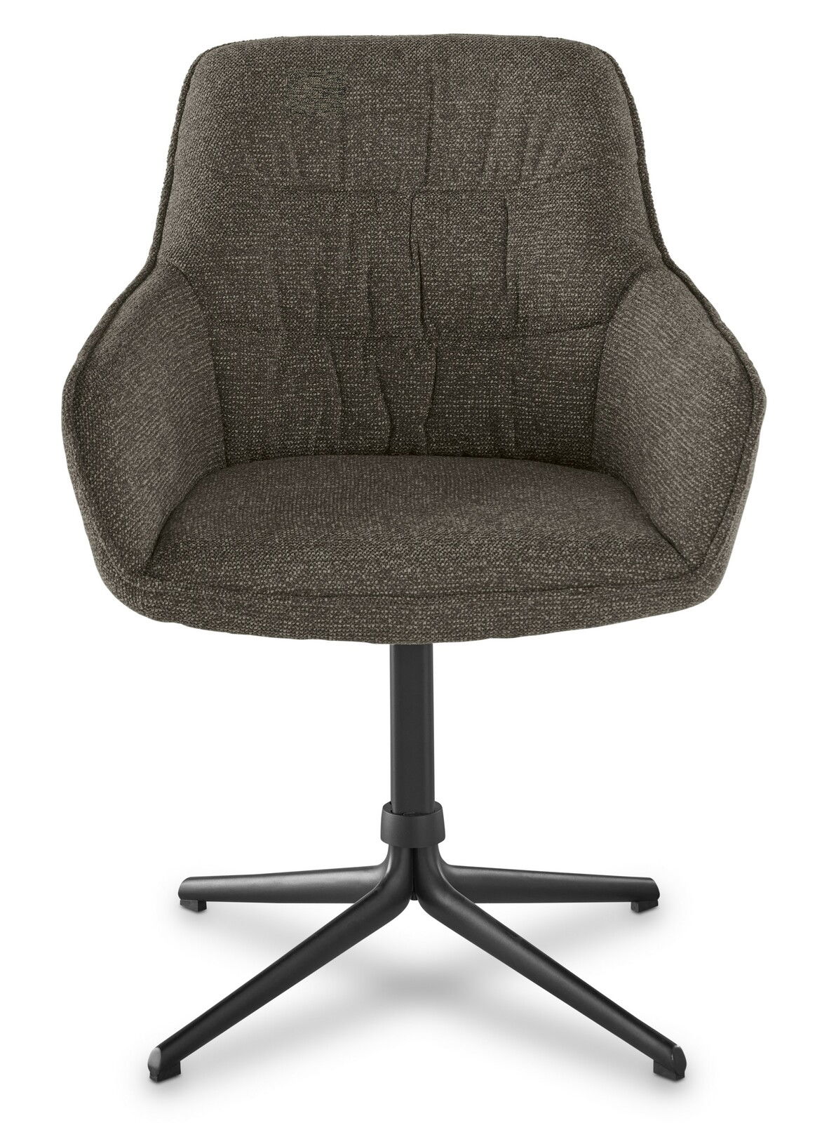 Moderner Armlehnstuhl in dunklem Stoffbezug, Frontalansicht