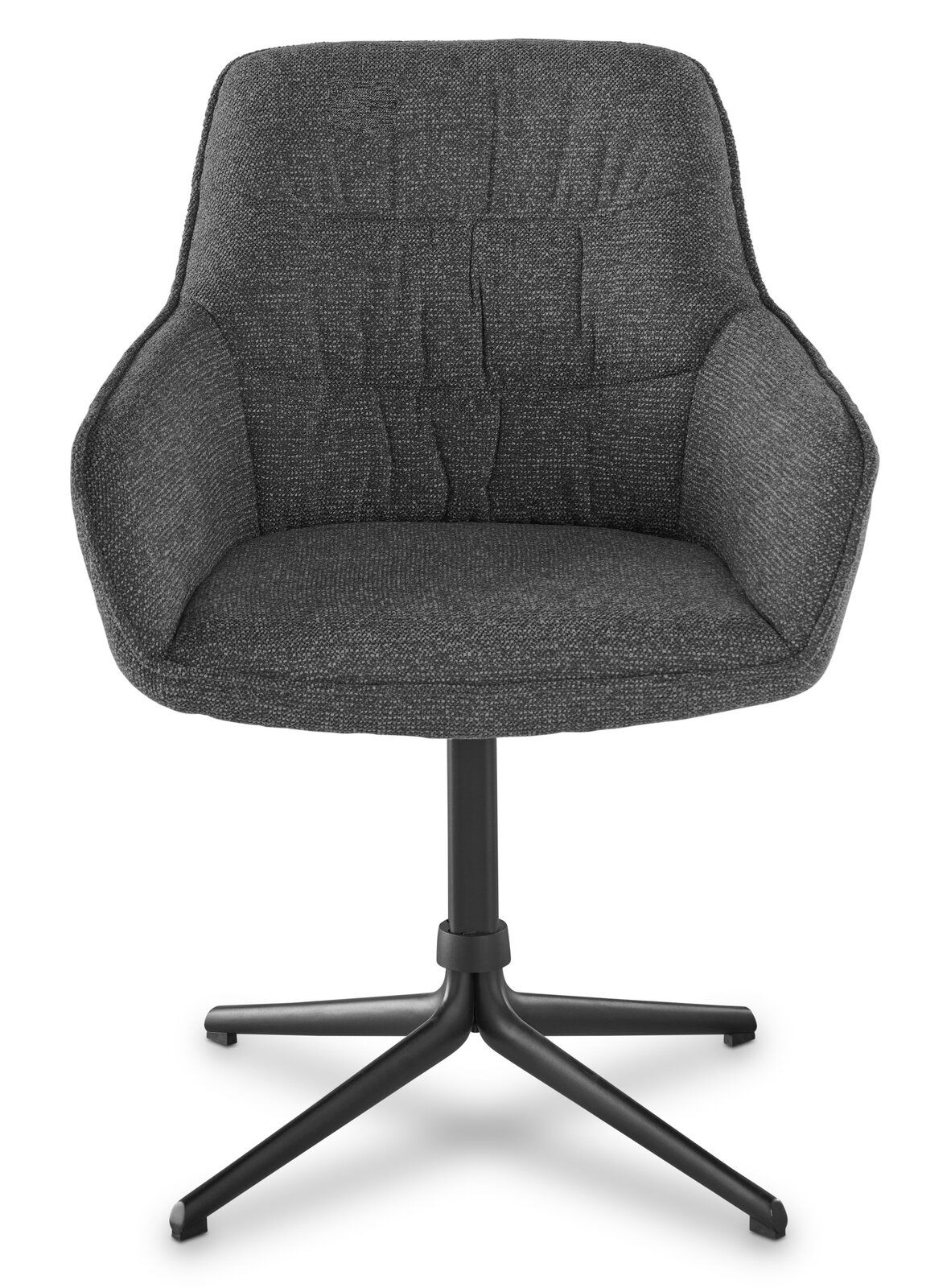 Moderner Armlehnstuhl in dunklem Stoffbezug, Frontalansicht