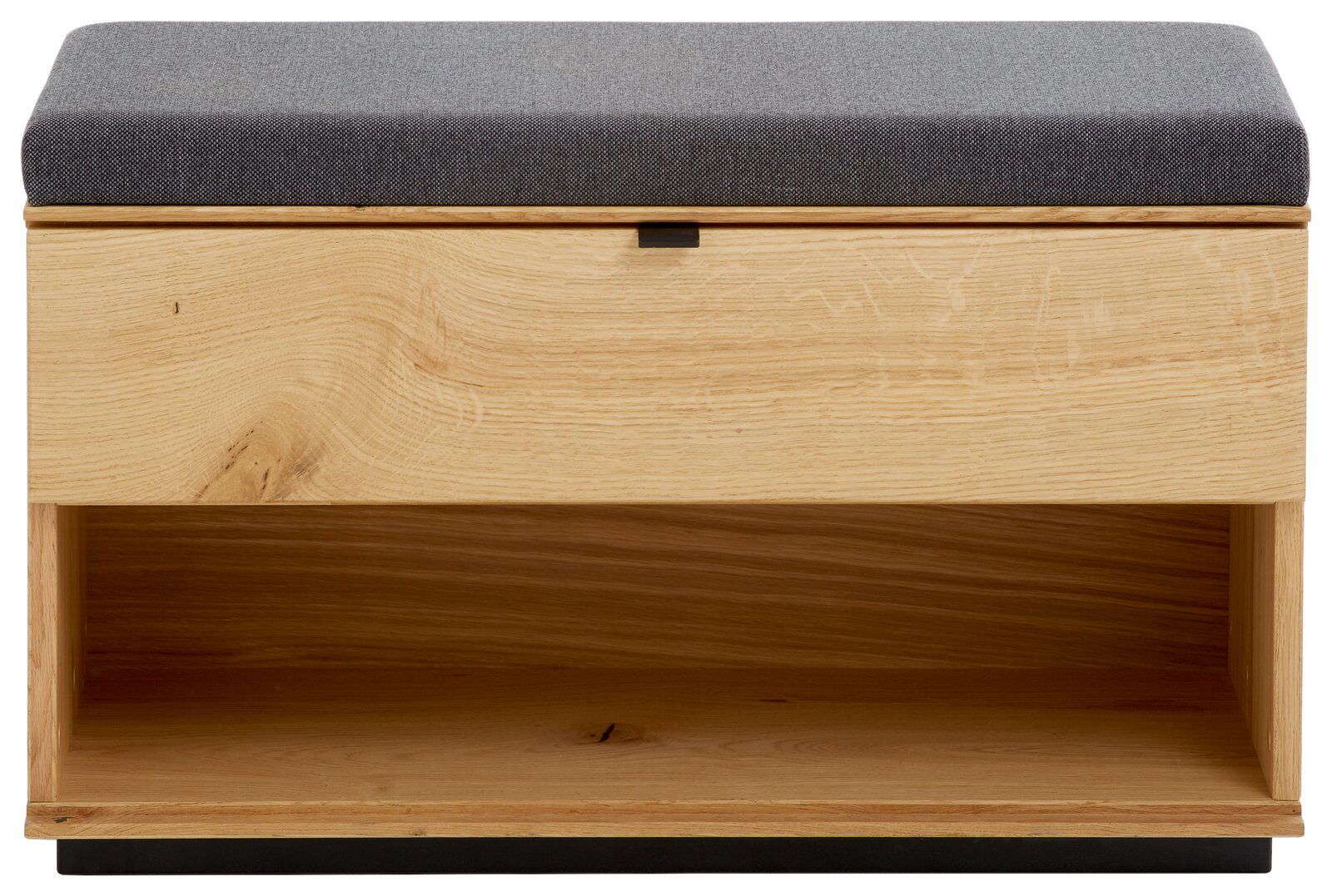 Linea Natura Garderobenbank SIGNUM Garderobenbank aus Holz mit grauem Polster, frontal betrachtet