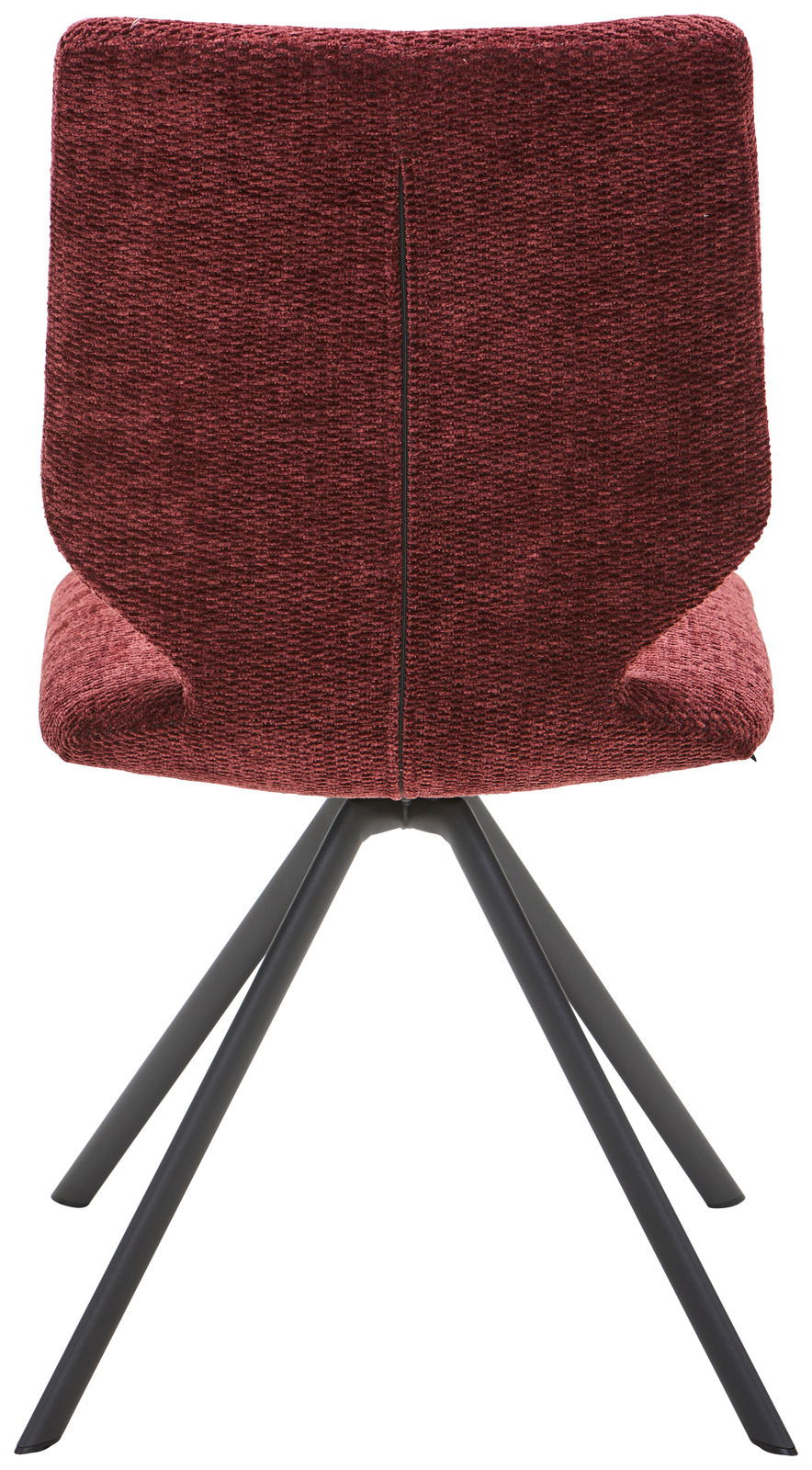 Venjakob Stuhl ARTHUR Rückansicht eines modernen Stuhls mit weinrotem Stoffbezug und schwarzen Metallbeinen.