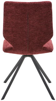 Rückansicht eines modernen Stuhls mit weinrotem Stoffbezug und schwarzen Metallbeinen.