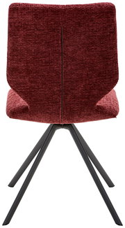 Rückansicht eines modernen Stuhls mit weinrotem Stoffbezug und schwarzen Metallbeinen.