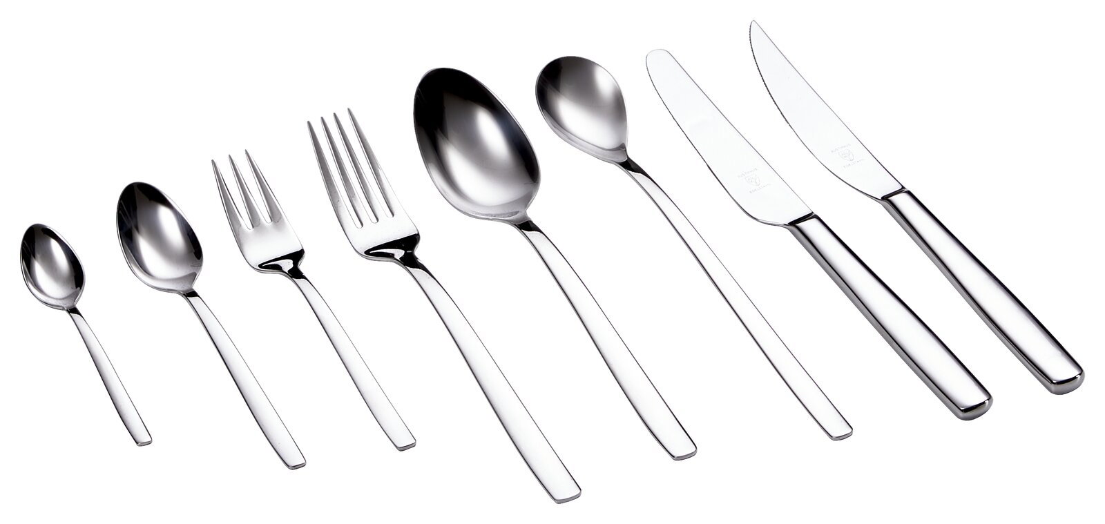 Ein 48-teiliges Besteckset aus Edelstahl, bestehend aus Löffeln, Gabeln und Messern, in einer seitlichen Perspektive angeordnet.