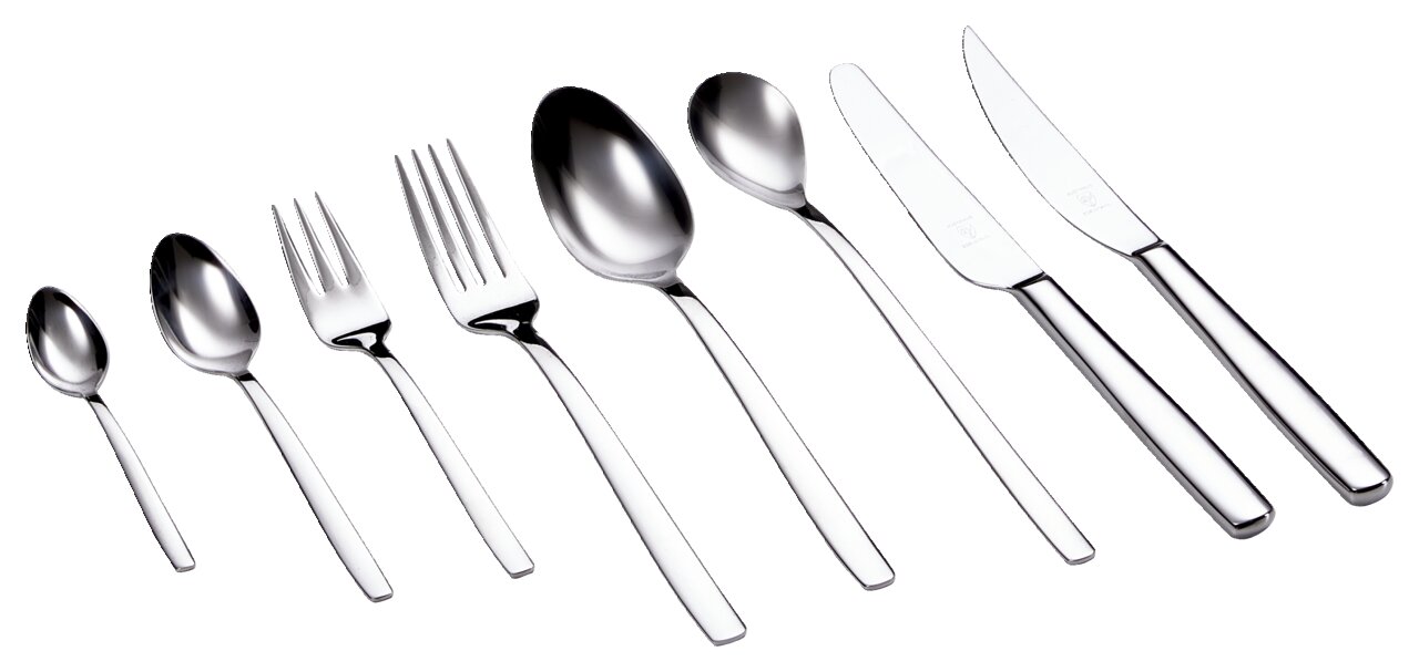 Ein 48-teiliges Besteckset aus Edelstahl, bestehend aus Löffeln, Gabeln und Messern, in einer seitlichen Perspektive angeordnet.