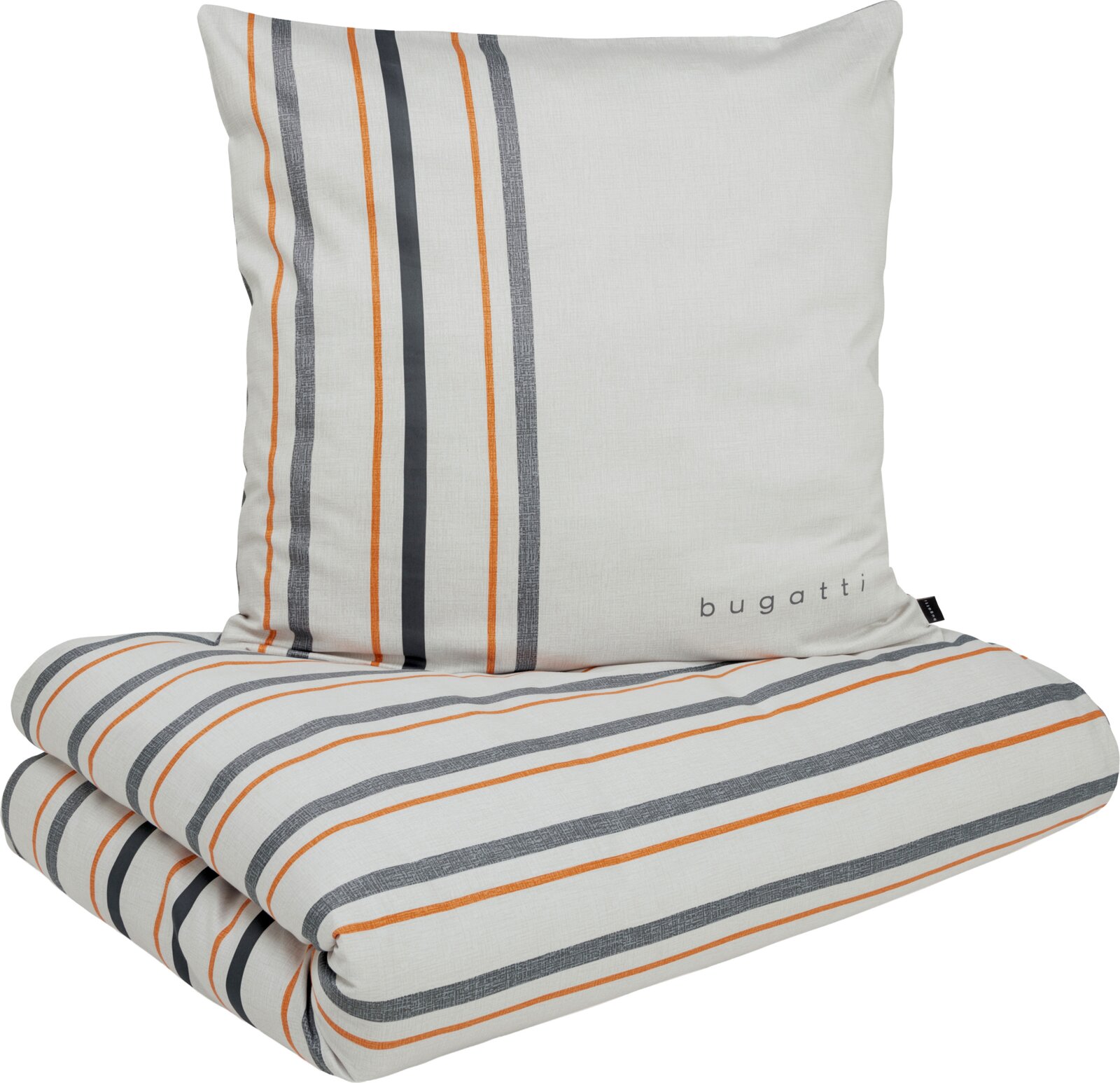 Bugatti beddengoedset met kussensloop en dekbedovertrek in lichtgrijs met grijs- en oranje strepen, productfoto van voren in licht schuin aanzicht