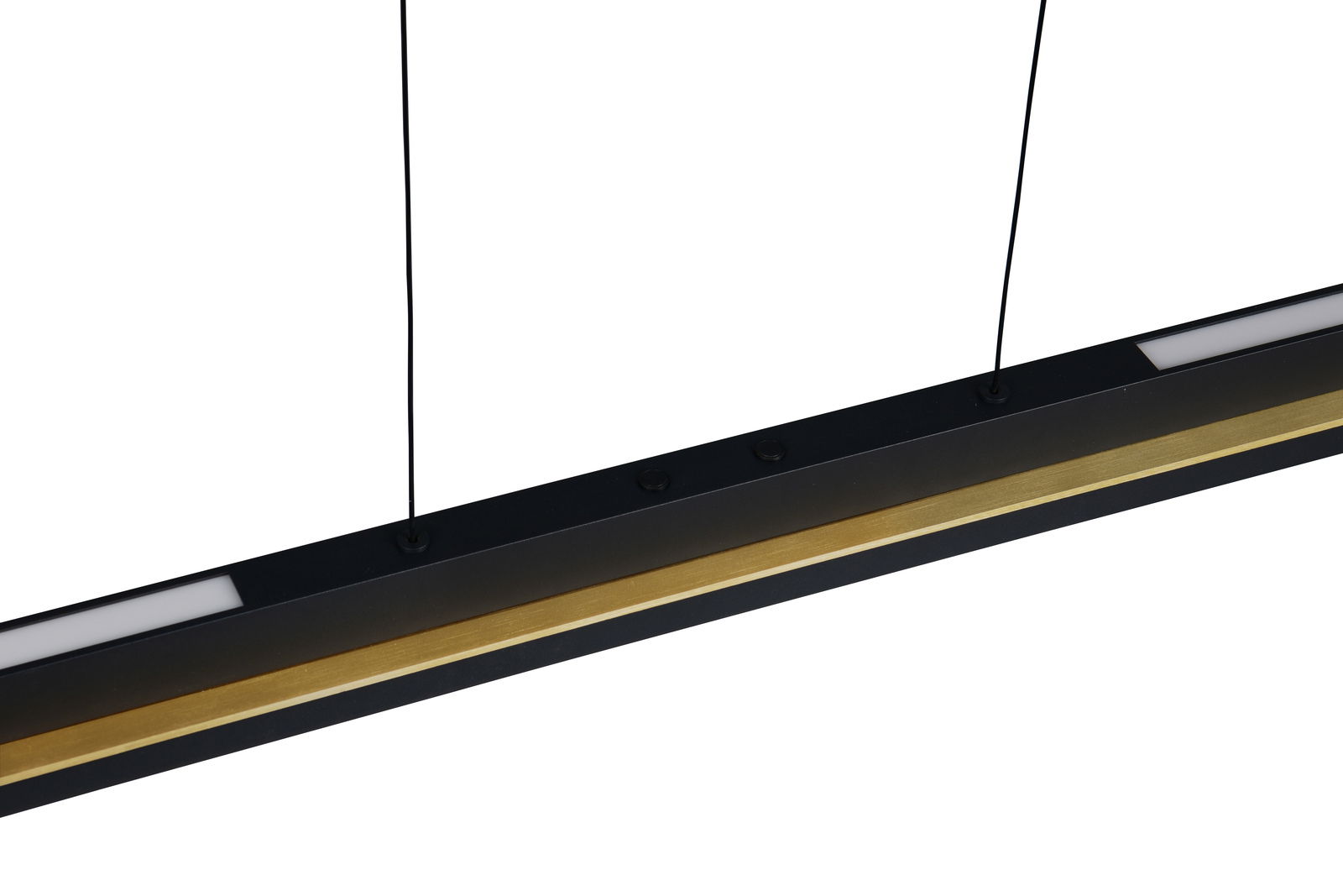 Moderne LED-Hängeleuchte in Schwarz und Gold, seitliche Perspektive