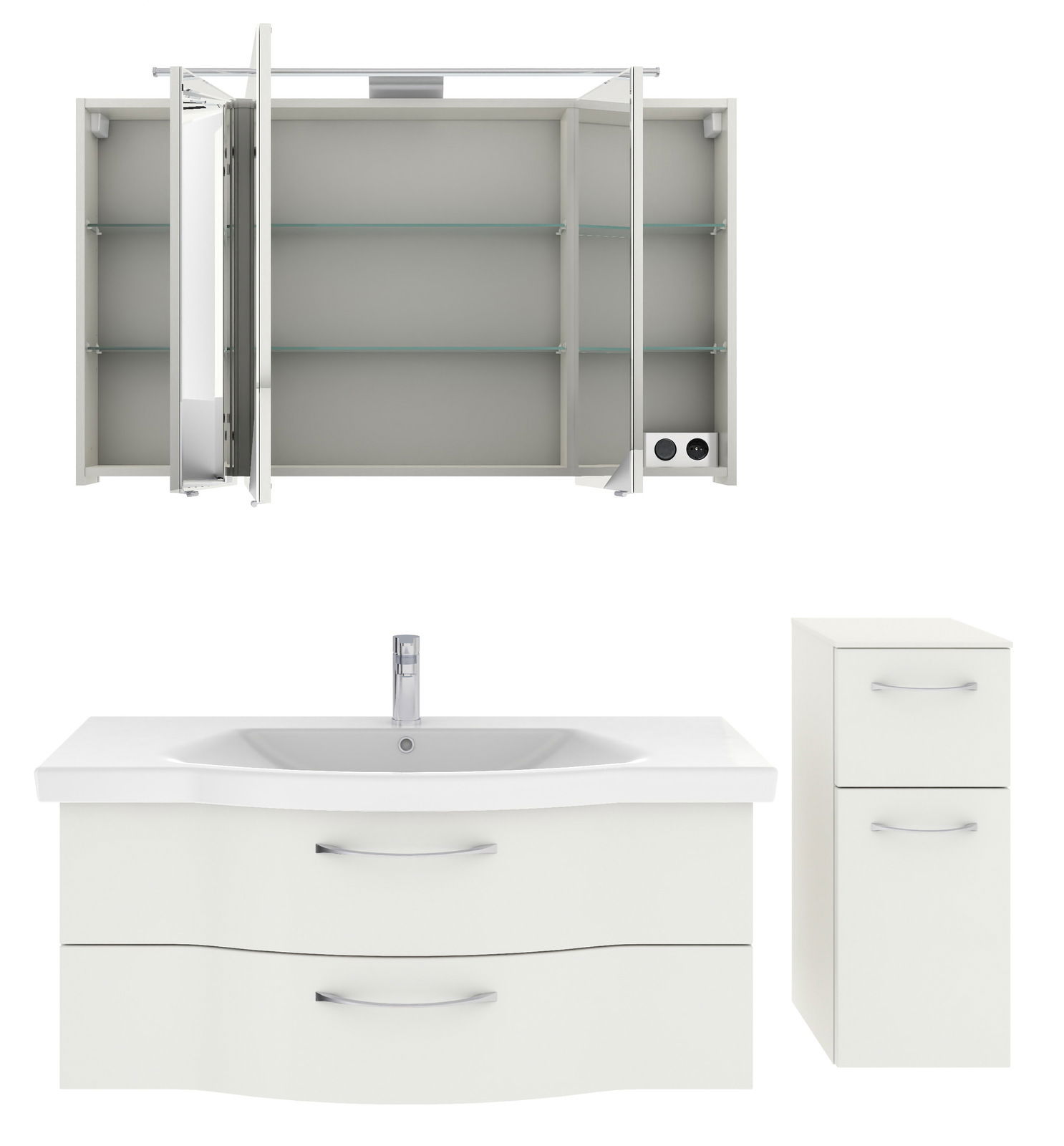 Badezimmermöbel-Set bestehend aus einem Spiegelschrank mit offenen Türen, einem Waschbeckenunterschrank mit zwei Schubladen und einem hohen Schrank mit zwei Fächern, aus der Frontansicht.