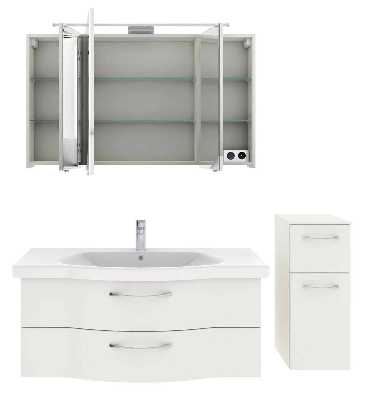 Badezimmermöbel-Set bestehend aus einem Spiegelschrank mit offenen Türen, einem Waschbeckenunterschrank mit zwei Schubladen und einem hohen Schrank mit zwei Fächern, aus der Frontansicht.