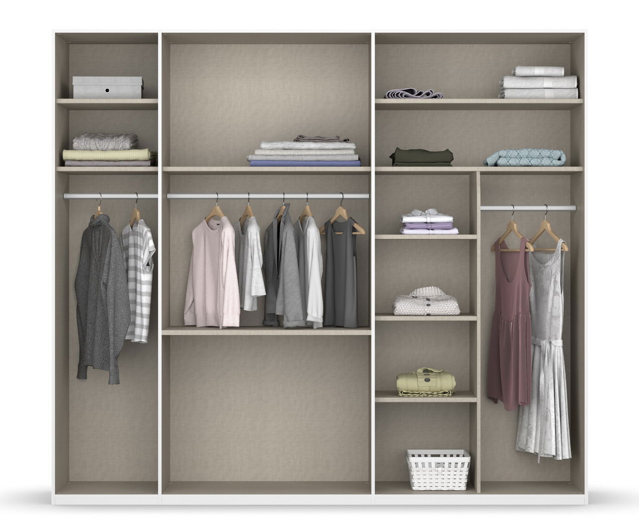 Offener Drehtürenschrank mit mehreren Fächern und Kleiderstangen, gefüllt mit Kleidung und Accessoires, Frontalansicht