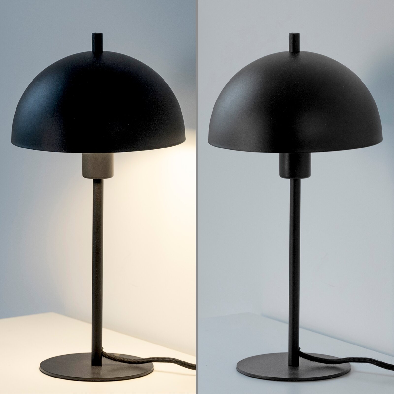 Schwarze, minimalistische Tischlampe mit halbrundem Schirm, schlankem Stab und rundem Standfuß, frontale Ansicht auf neutralem Hintergrund (links eingeschaltet, rechts ausgeschaltet).