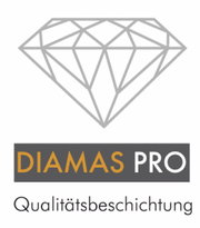 Logo der DIAMAS PRO Qualitätsbeschichtung, zeigt einen stilisierten Diamanten aus der Vorderansicht.