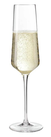 Elegantes Sektglas Puccini 280ml, gefüllt mit sprudelndem Sekt, seitliche Ansicht