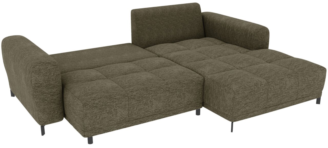 Olijfgroene, gestoffeerde hoekbank met chaise longue, gewatteerde zittingen, armleuningen en zwarte poten, vrijstaand tegen een witte achtergrond, schuin van voren bovenaf gezien.
