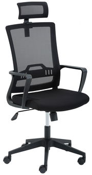 Moderner Drehstuhl mit Netzrückenlehne und Kopfstütze, seitliche Ansicht