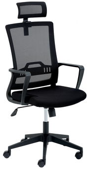 Moderner Drehstuhl mit Netzrückenlehne und Kopfstütze, seitliche Ansicht