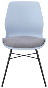 Moderner Stuhl mit hellblauer Rückenlehne und grauem Sitzpolster, Vorderansicht