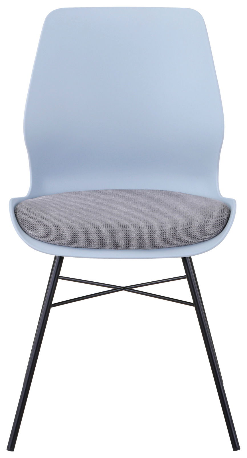 Moderner Stuhl mit hellblauer Rückenlehne und grauem Sitzpolster, Vorderansicht