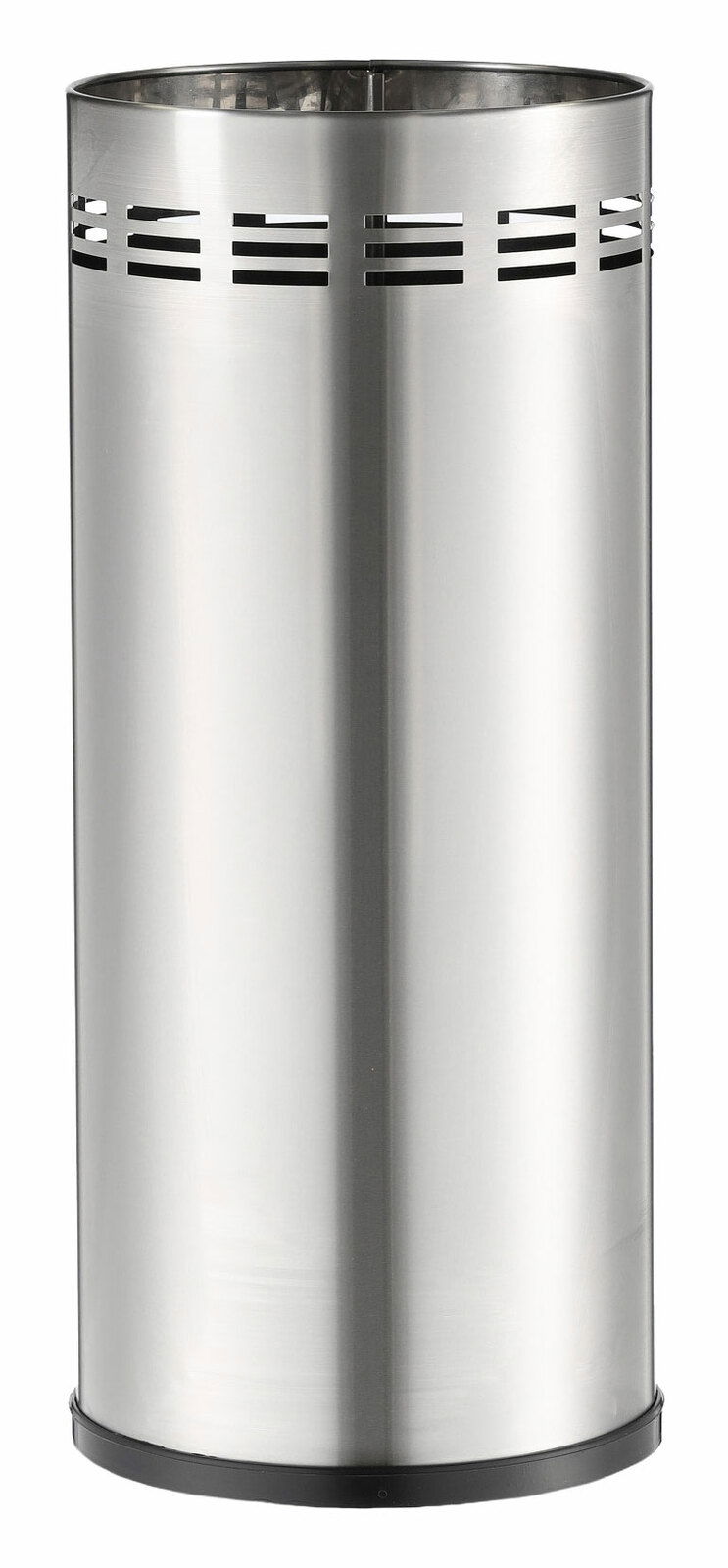 Moderner Schirmständer aus Edelstahl mit seitlichen Lüftungsschlitzen, frontal abgebildet.