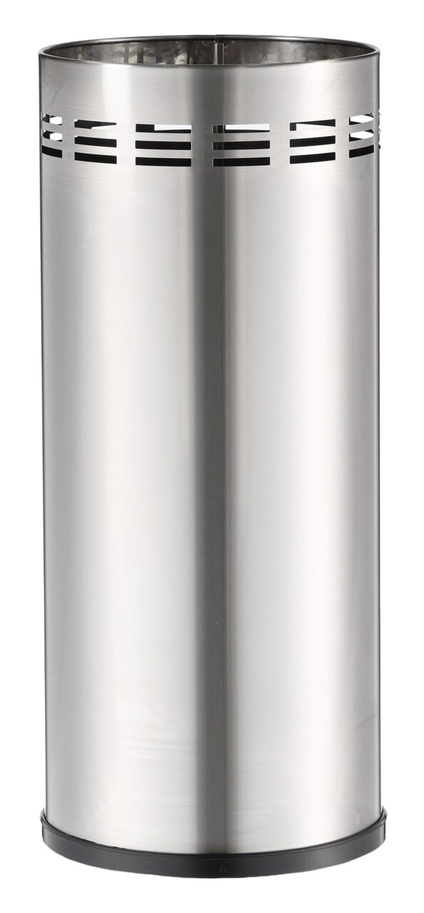 Moderner Schirmständer aus Edelstahl mit seitlichen Lüftungsschlitzen, frontal abgebildet.