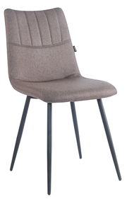 Moderner Stuhl mit braunem Stoffbezug und schwarzen Metallbeinen, seitliche Perspektive