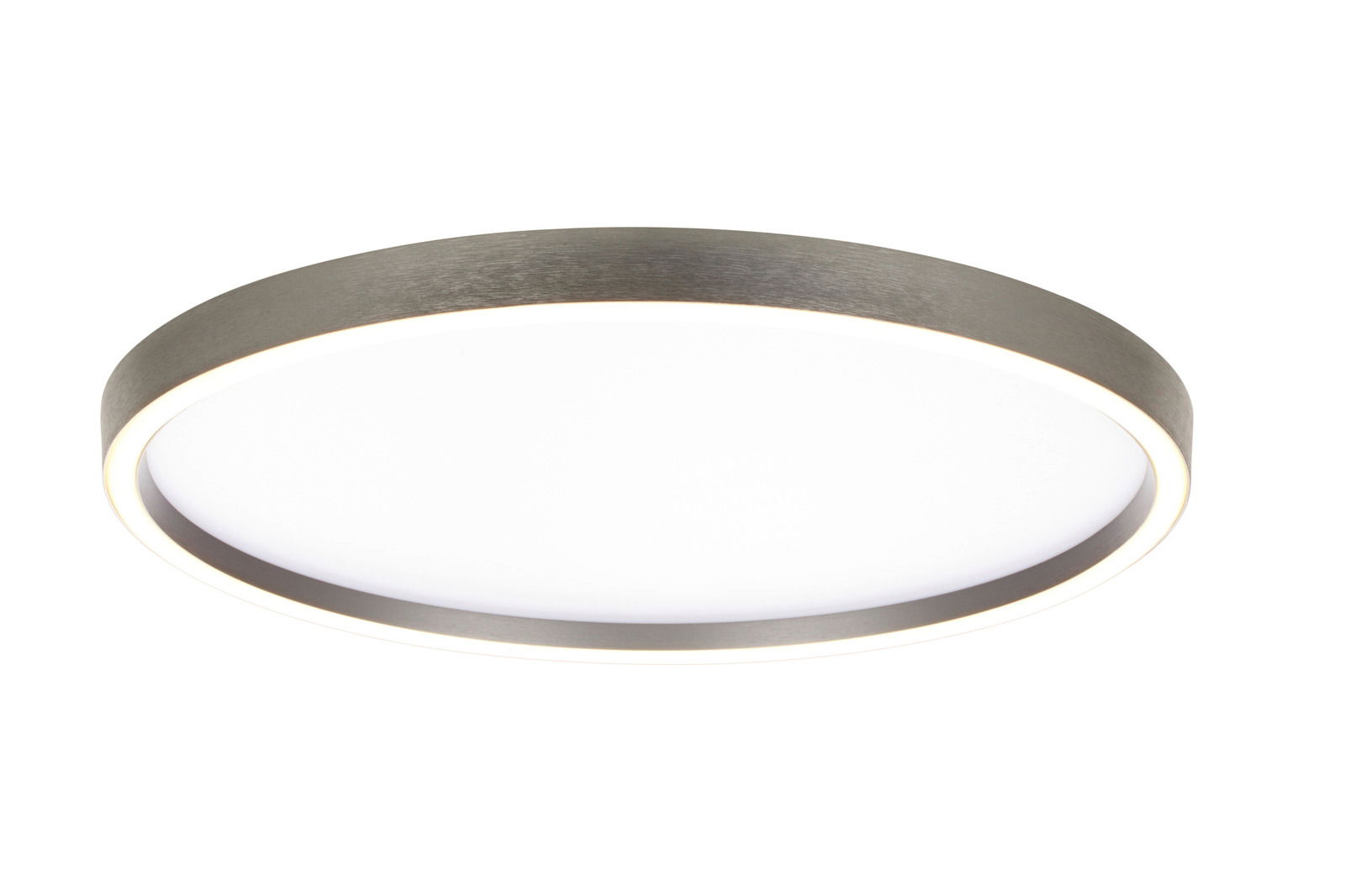 Runde LED-Deckenleuchte in seitlicher Perspektive mit modernem Design und Metallrahmen.