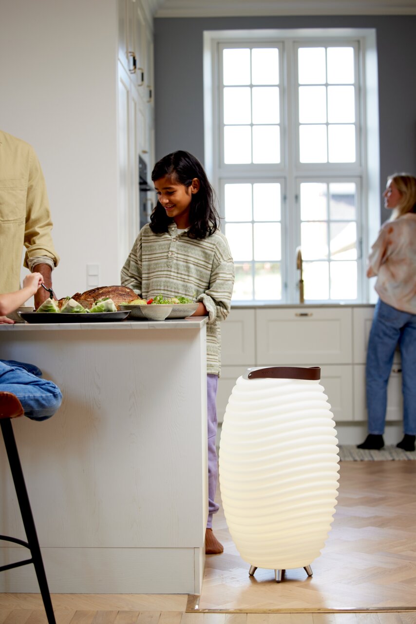 Acculamp en luidspreker in een moderne keukenomgeving, zijaanzicht.