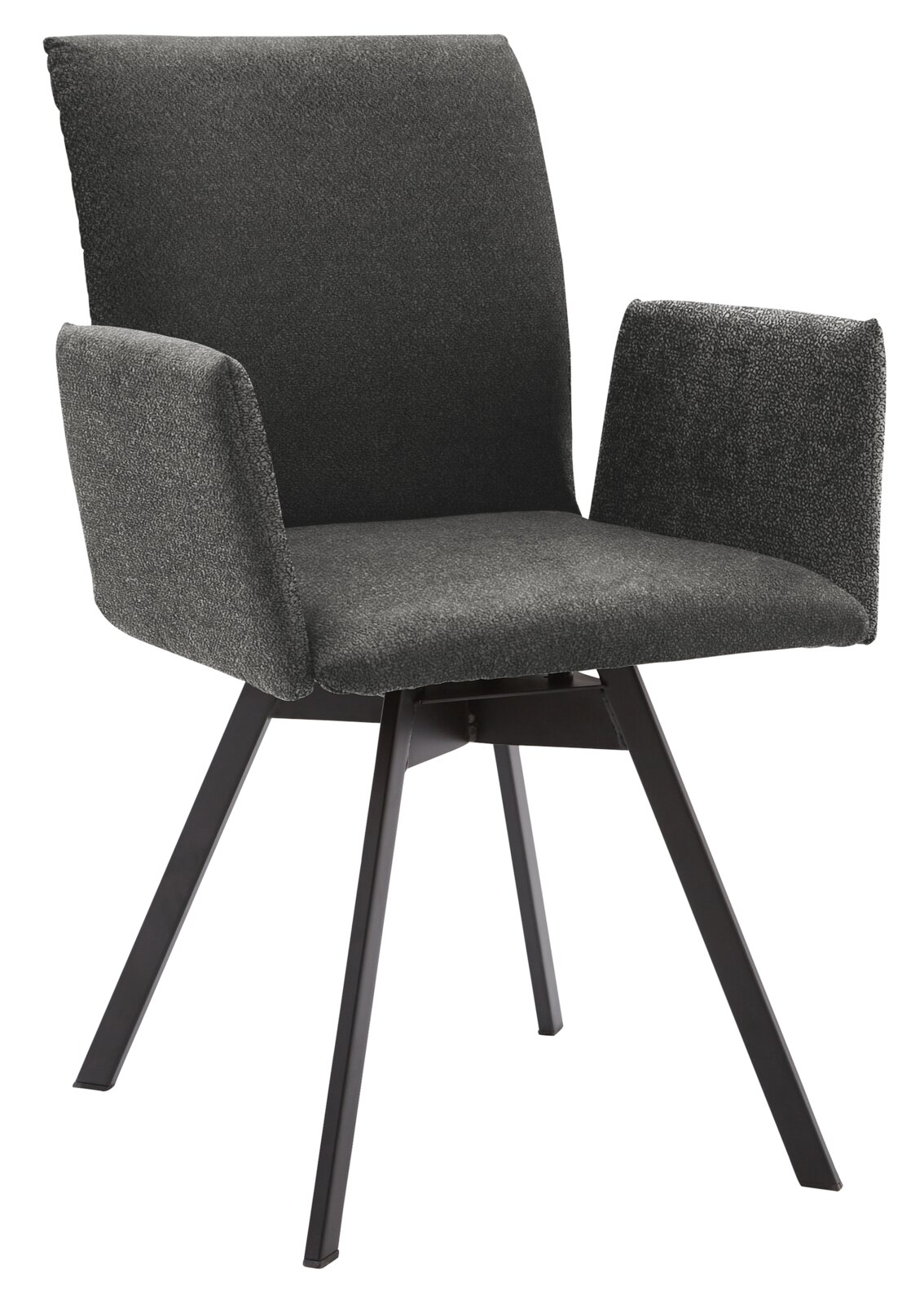 Moderner Armlehnstuhl mit schwarzem Stoffbezug und Metallbeinen, seitliche Perspektive