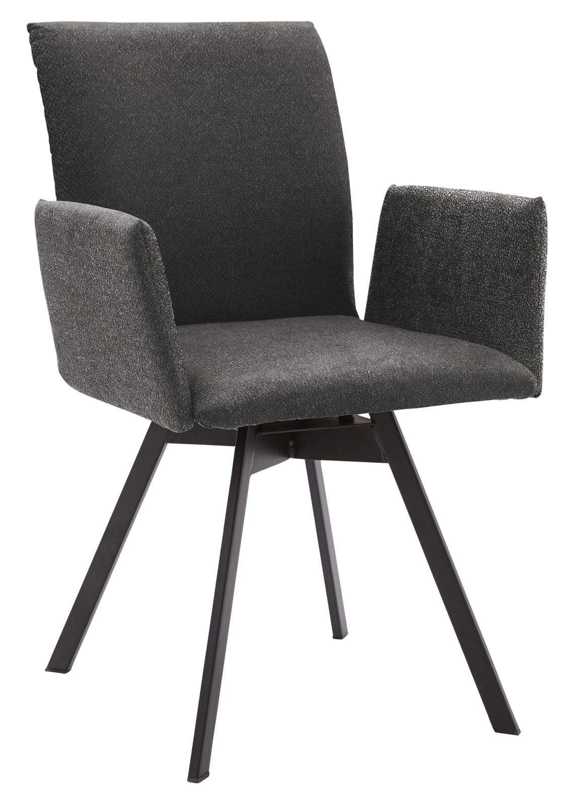 Moderner Armlehnstuhl mit schwarzem Stoffbezug und Metallbeinen, seitliche Perspektive