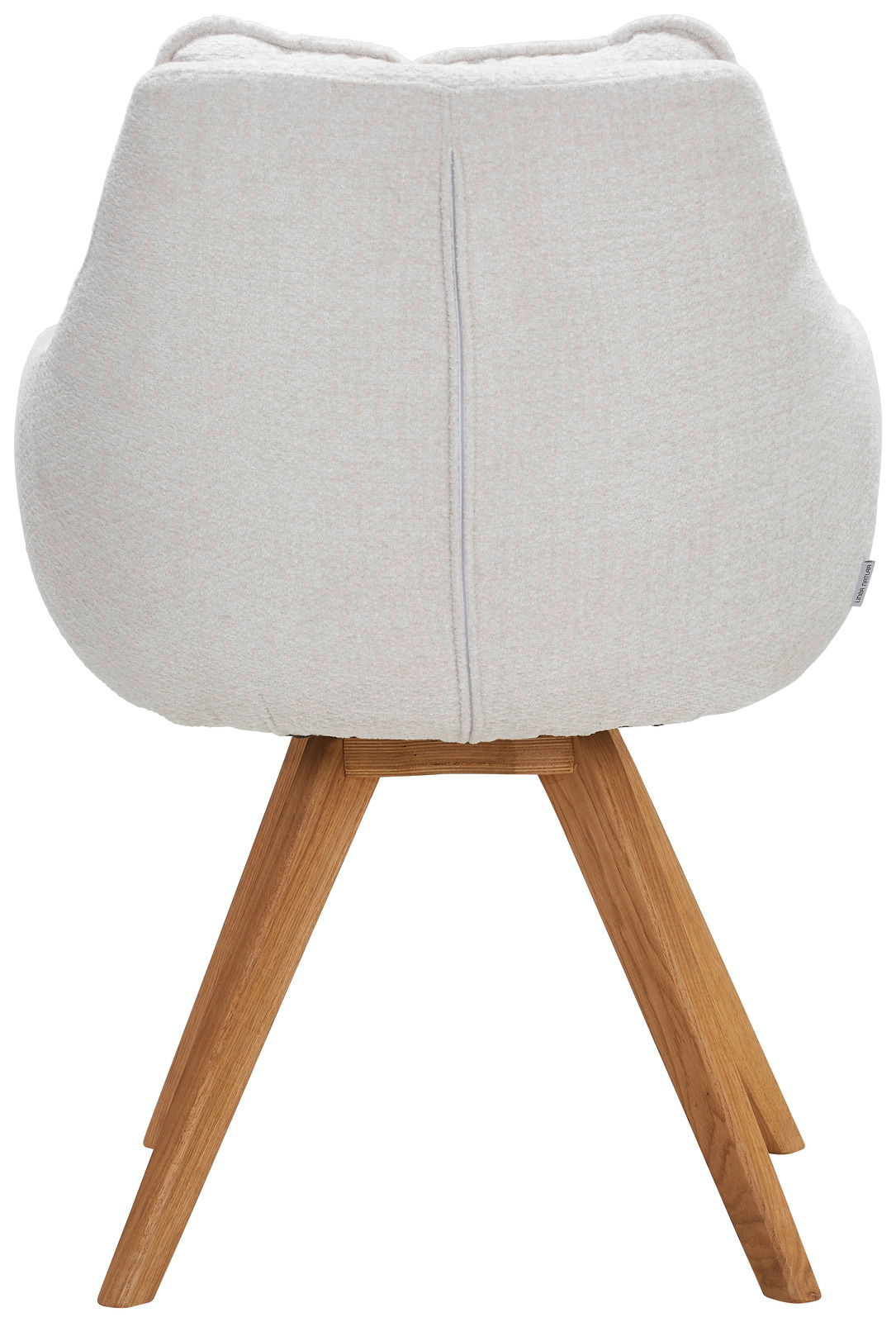 Rückansicht eines Armlehnstuhls mit hellem Stoffbezug und Holzbeinen.