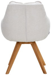 Rückansicht eines Armlehnstuhls mit hellem Stoffbezug und Holzbeinen.