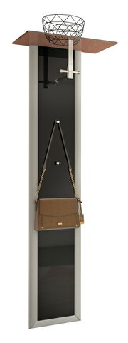 Garderobenpaneel mit schwarzer Rückwand, silbernem Rahmen und brauner Ablage oben. Perspektive: Frontalansicht.