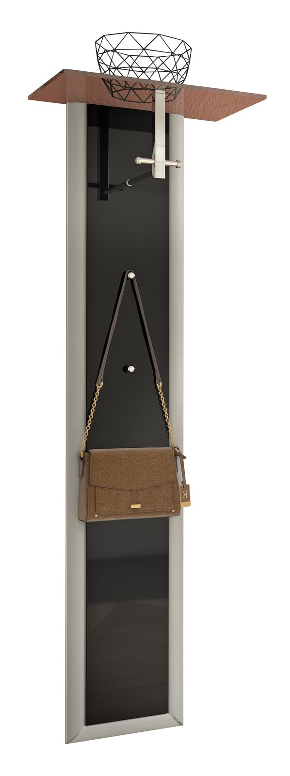 Dieter Knoll Garderobenpaneel CASTEL Garderobenpaneel mit schwarzer Rückwand, silbernem Rahmen und brauner Ablage oben. Perspektive: Frontalansicht.