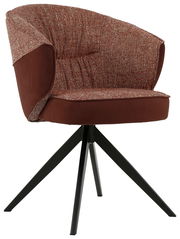 Moderner Armlehnstuhl mit rotem Stoffbezug und schwarzem Metallgestell, seitliche Perspektive