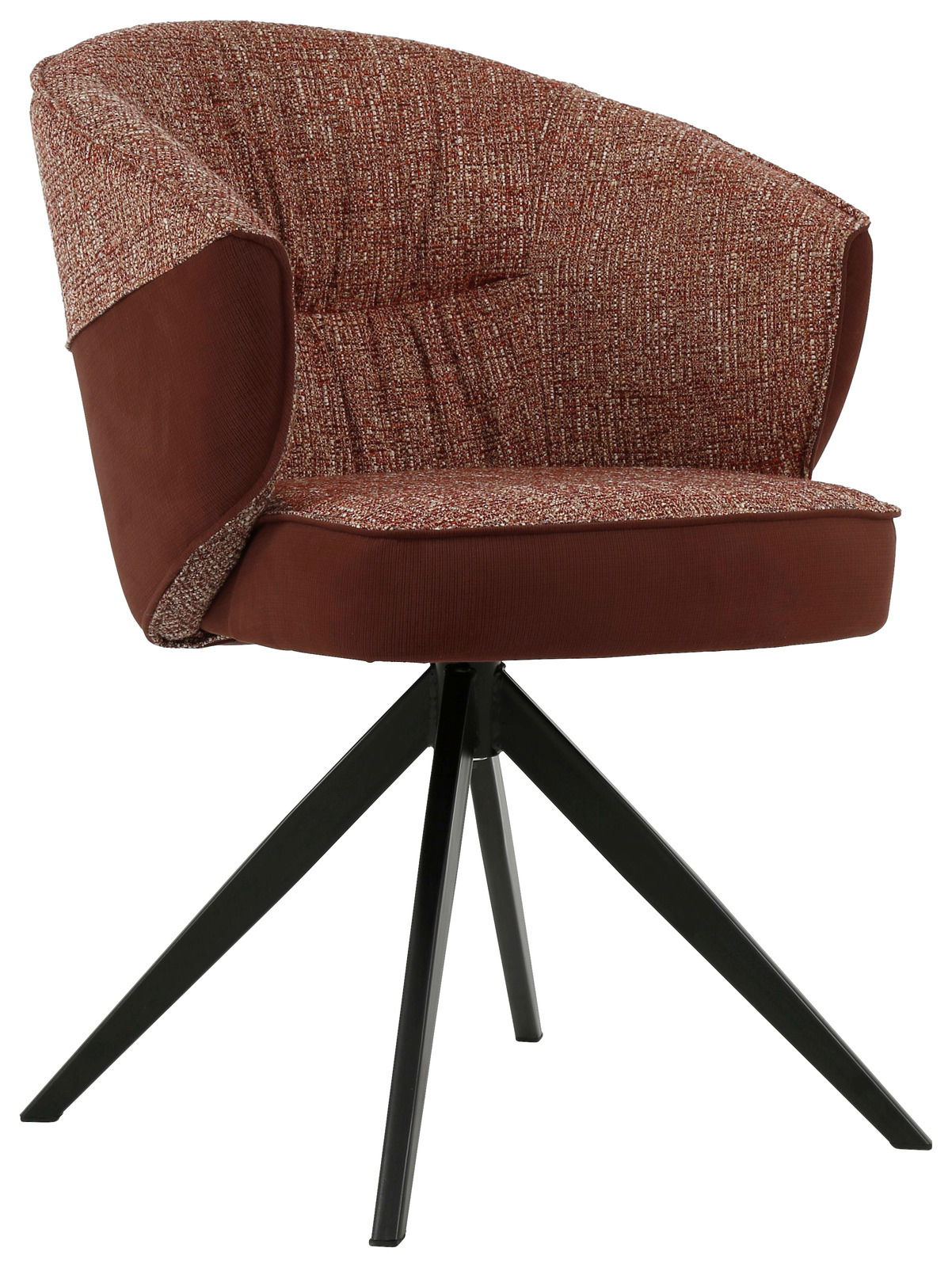 Moderner Armlehnstuhl mit rotem Stoffbezug und schwarzem Metallgestell, seitliche Perspektive