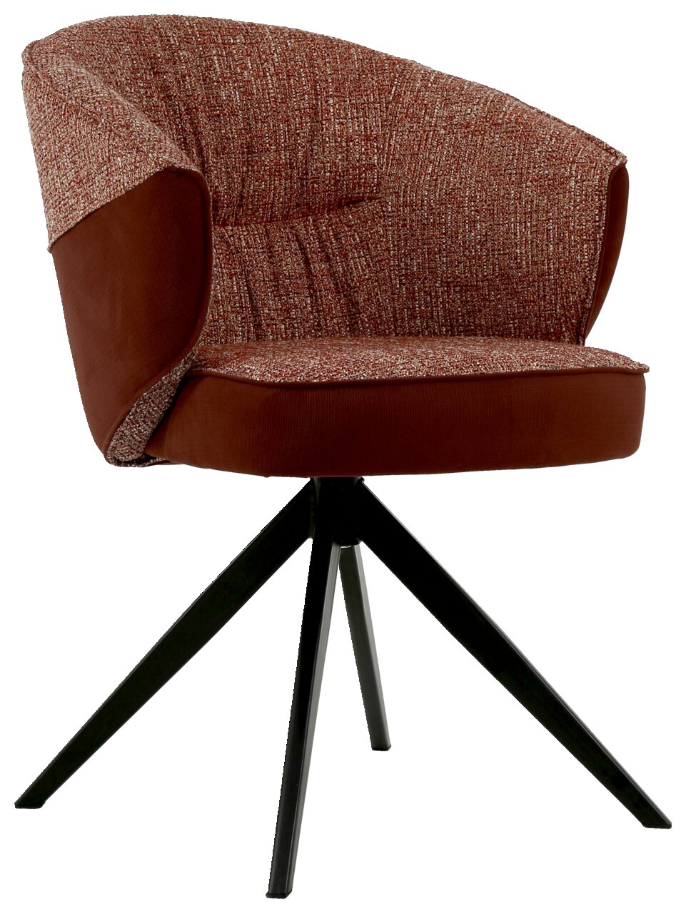 Moderne fauteuil met rode stoffen bekleding en zwart metalen frame, zijaanzicht