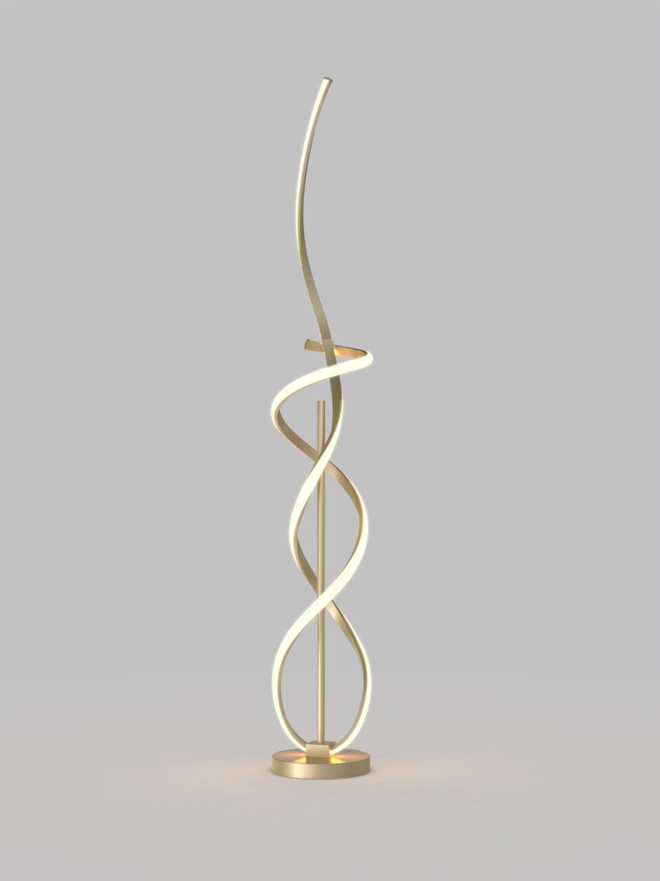 Moderne Stehleuchte Indigo mit geschwungenem, spiralförmigem Design in goldener Farbe, seitliche Perspektive.