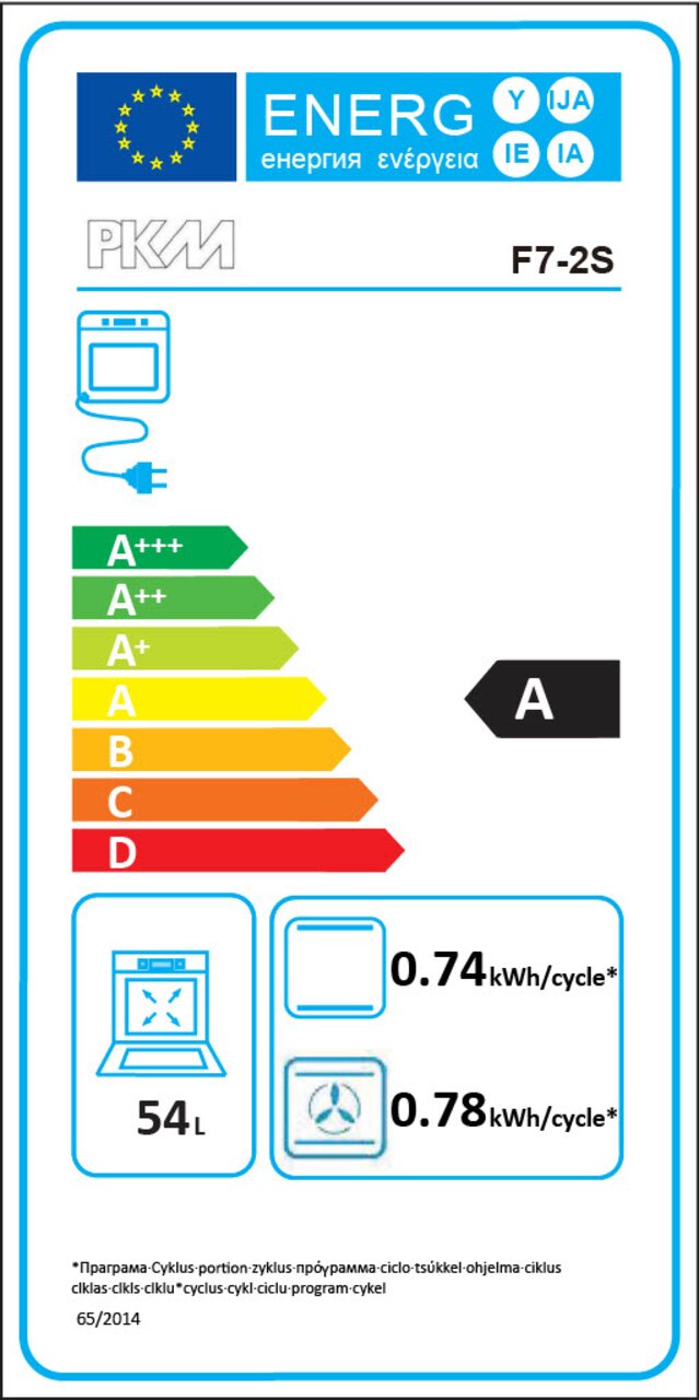 Energieeffizienzlabel für ein Küchengerät der Marke PKM, Modell F7-2S, mit Energieeffizienzklasse A, 54 Liter Volumen, und einem Energieverbrauch von 0,74 kWh pro Zyklus. Frontalansicht.