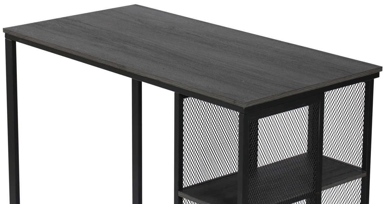 Moderner Bartisch mit schwarzer Holzplatte und Metallgitterregalen, seitliche Perspektive