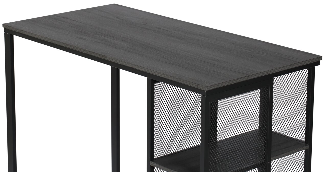 Moderner Bartisch mit schwarzer Holzplatte und Metallgitterregalen, seitliche Perspektive